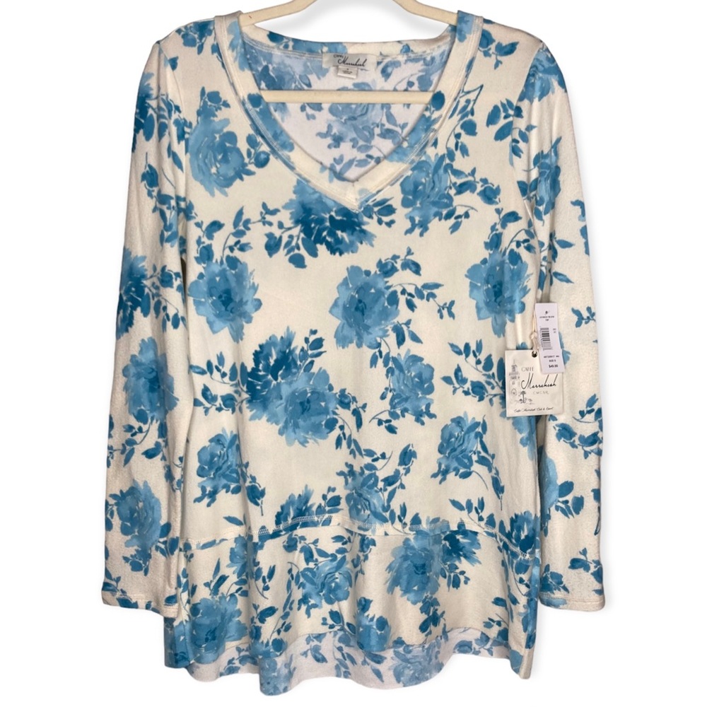 Caffé Marrakesh S Long Sleeve Lightweight Soft Knit V Neck Top Hi-Low Floral Raw